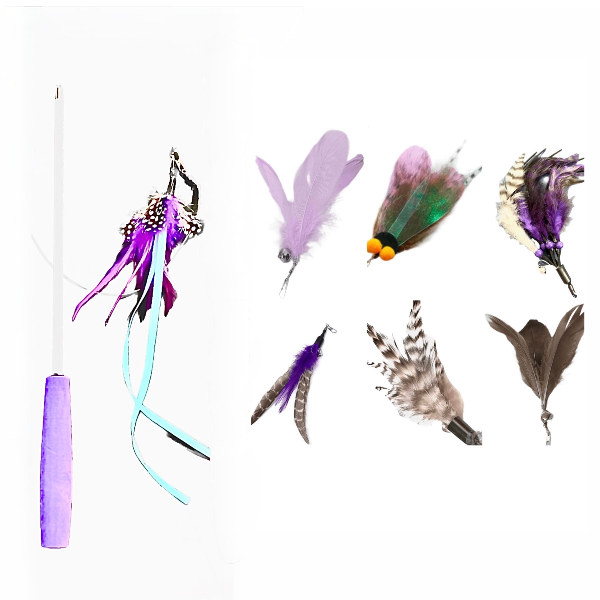 Furprize! Flies and Raven Claw, Purple , 7-8 piece Feather Wand Teaser Refill Set