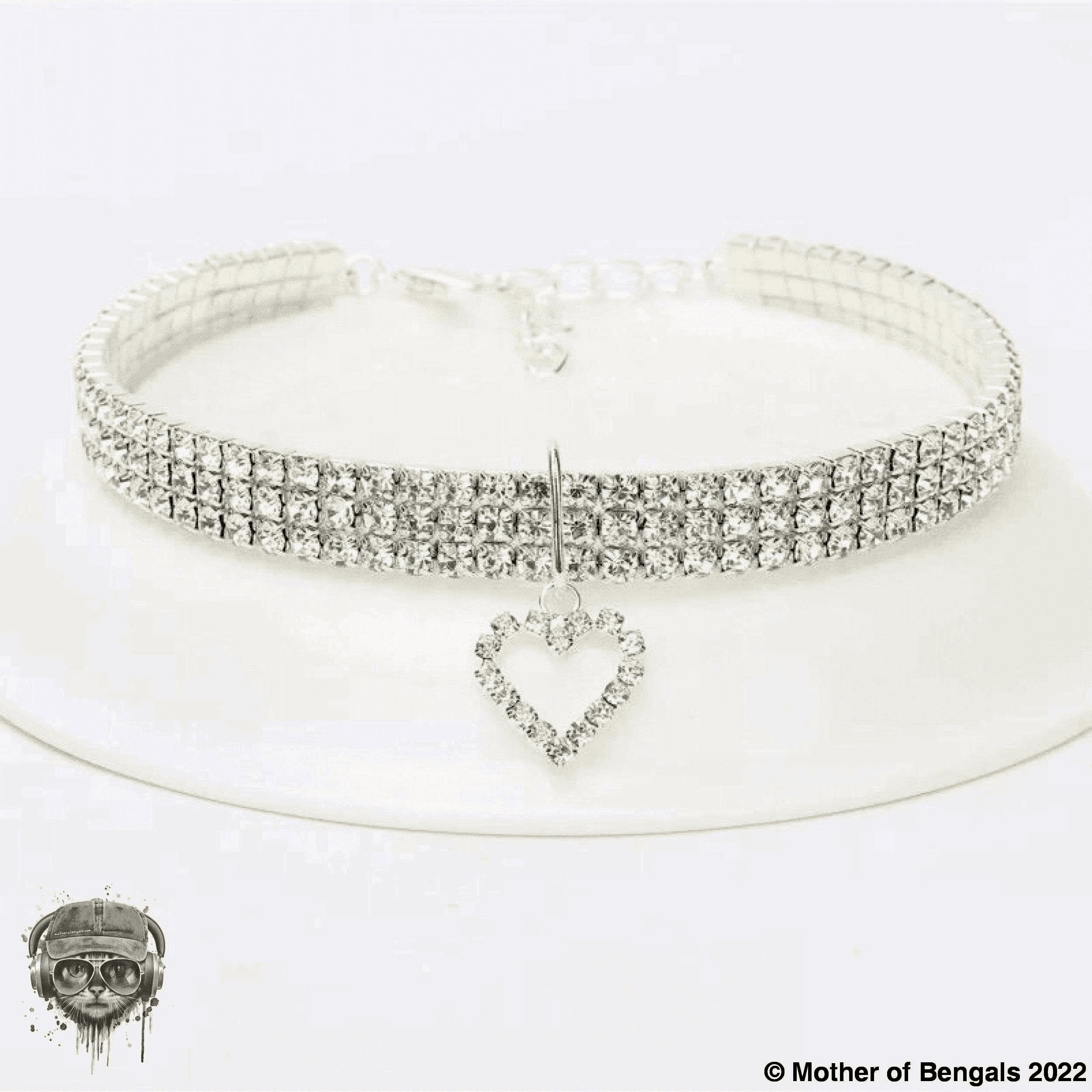 Adjustable Large Rhinestone Bling Bling Pet Collar collars Mother of Bengals Clear- elastic square with a heart