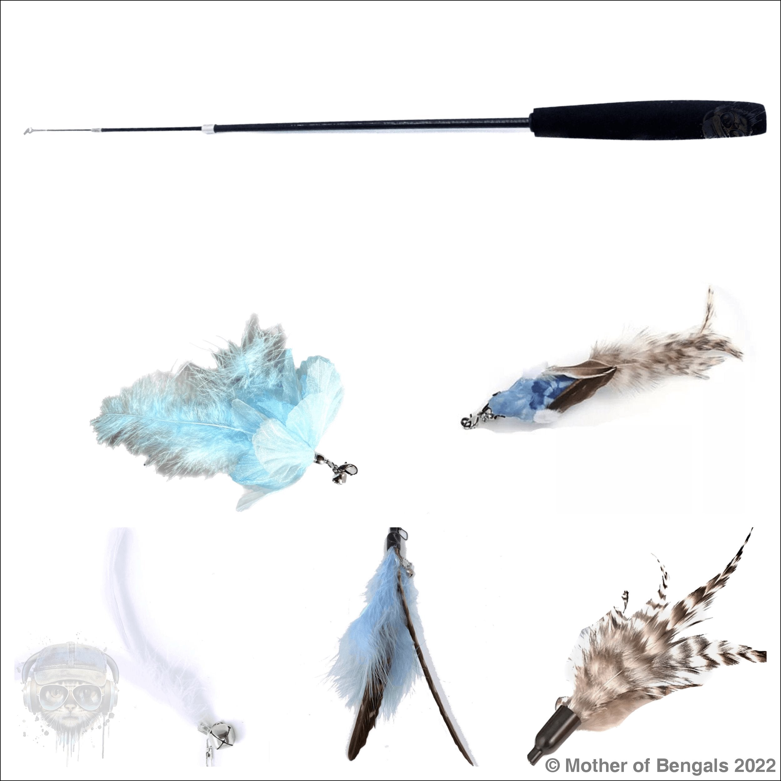 Furprize! Blue Bird, 6 piece Feather & Cat Wand Teaser Set Bundle FurPrize! Wand & Refill,6 pc