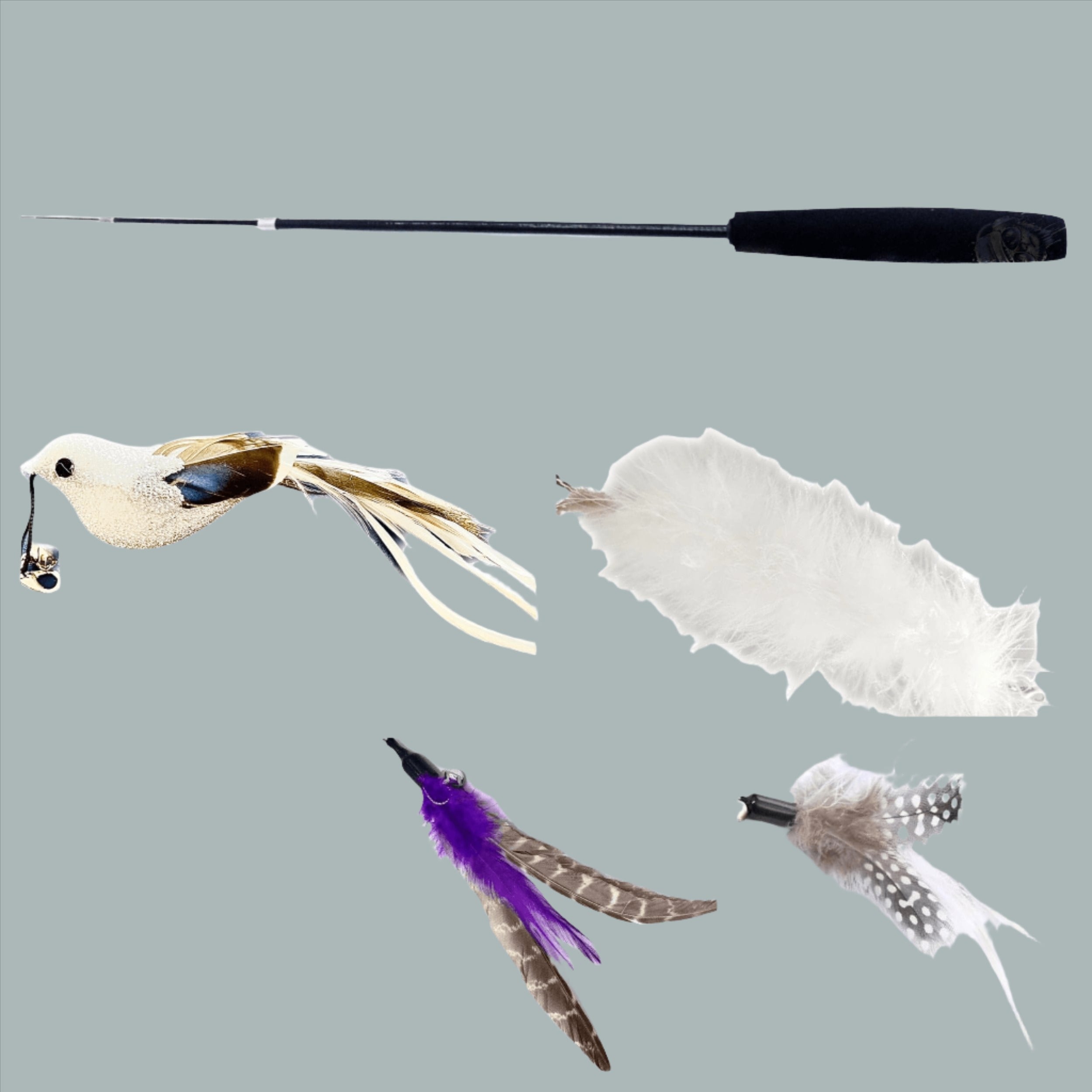Furprize!Silver Raven Bird 6 piece Feather & Cat Wand Teaser Set Bundle FurPrize!