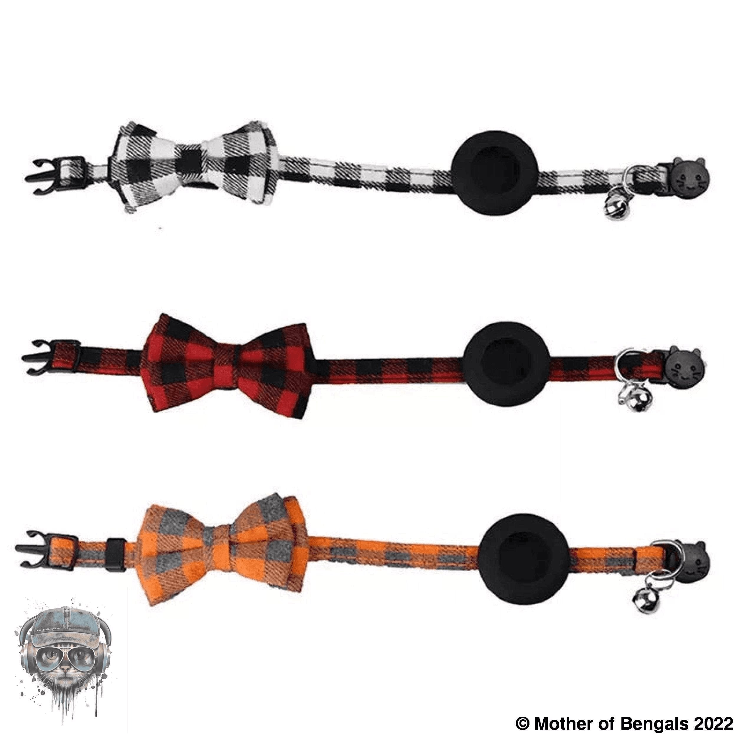 Plaid Bow Tie AirTag Breakaway Cat Collar by Mother of Bengals Mother of Bengals White/Black Plaid