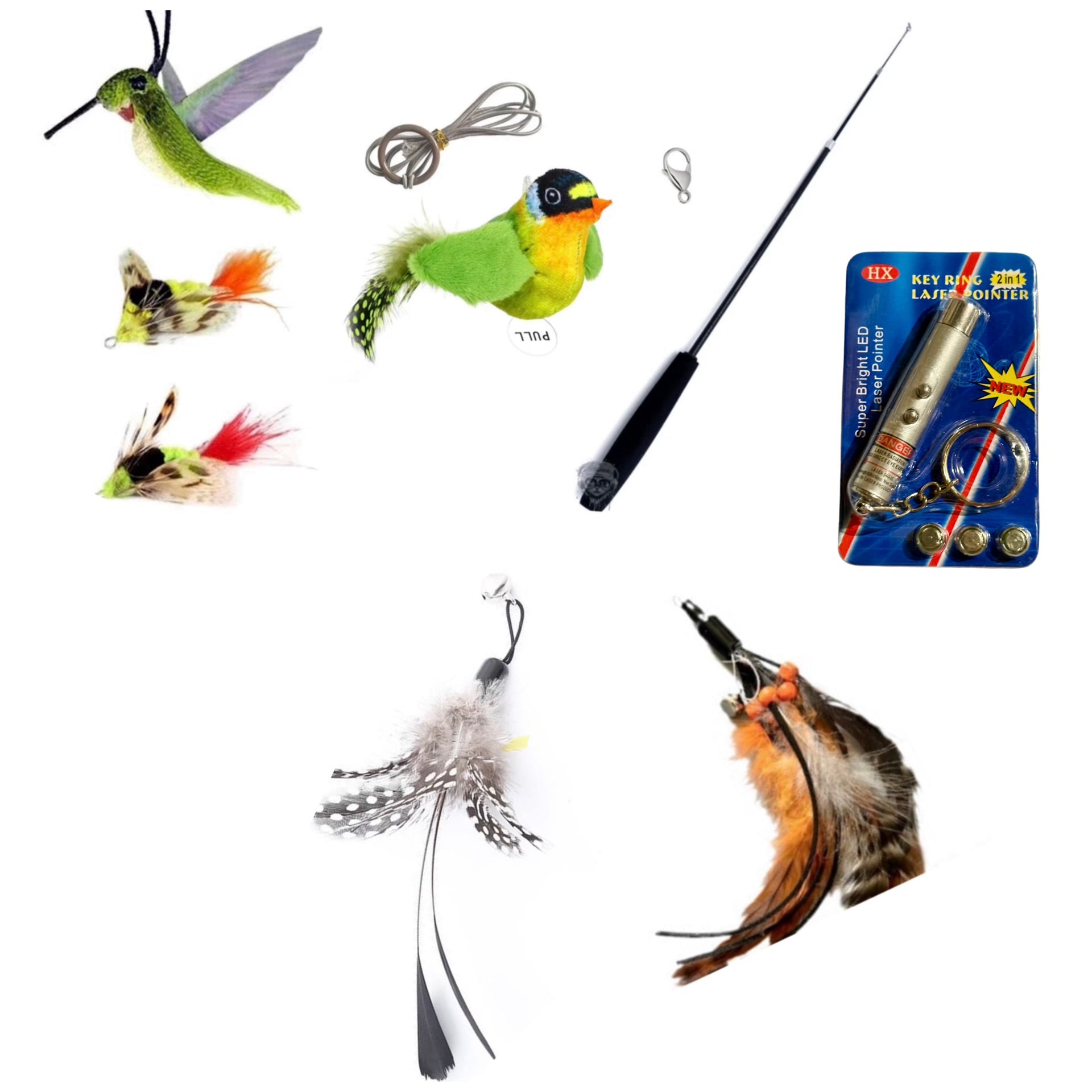 Furprize! Natures Variety , 8 piece Cat Bird Orange Feather & Easy Open Clasp Wand Teaser Set