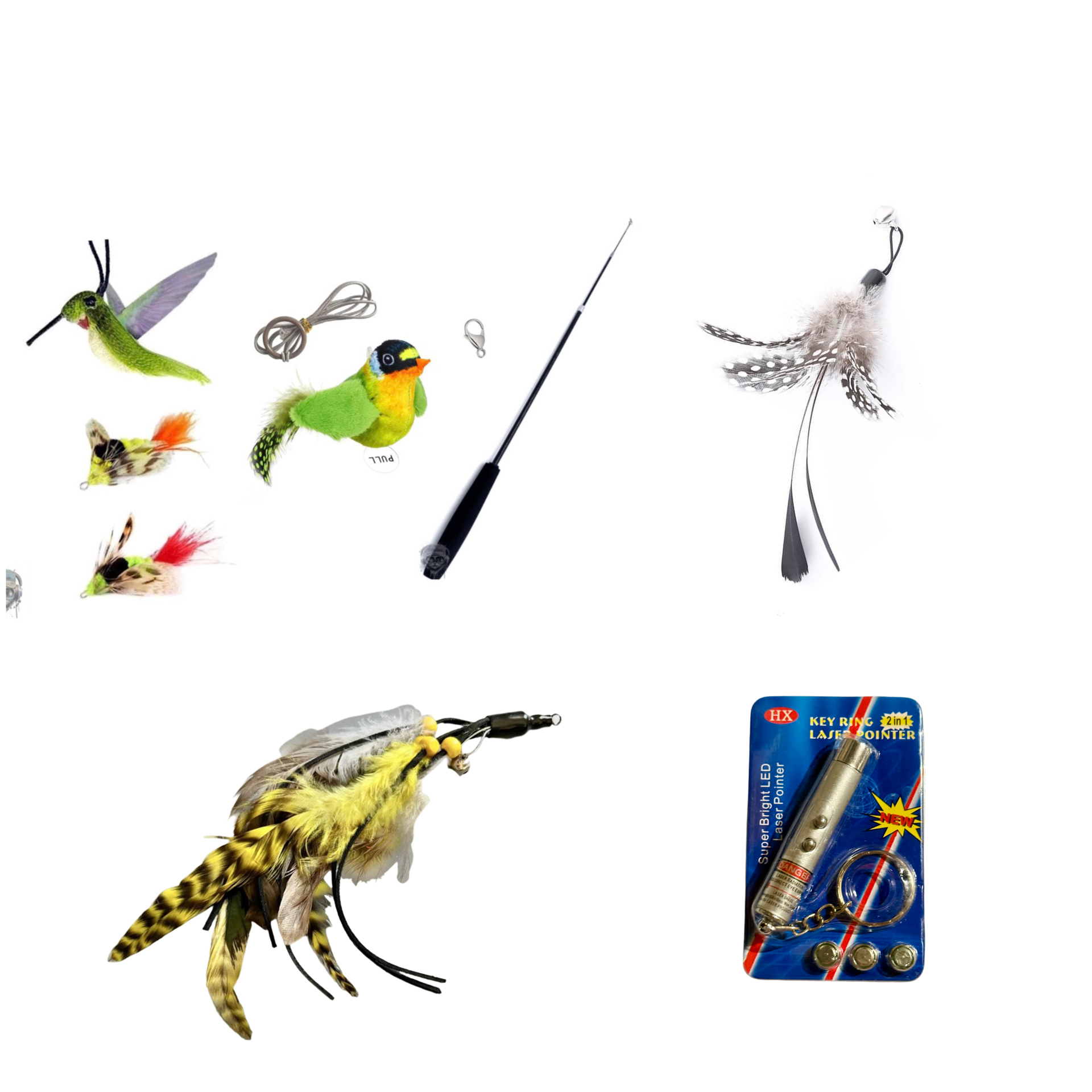 Furprize! Natures Variety , 8 piece Cat Bird Yellow Feather & Easy Open Clasp Wand Teaser Set