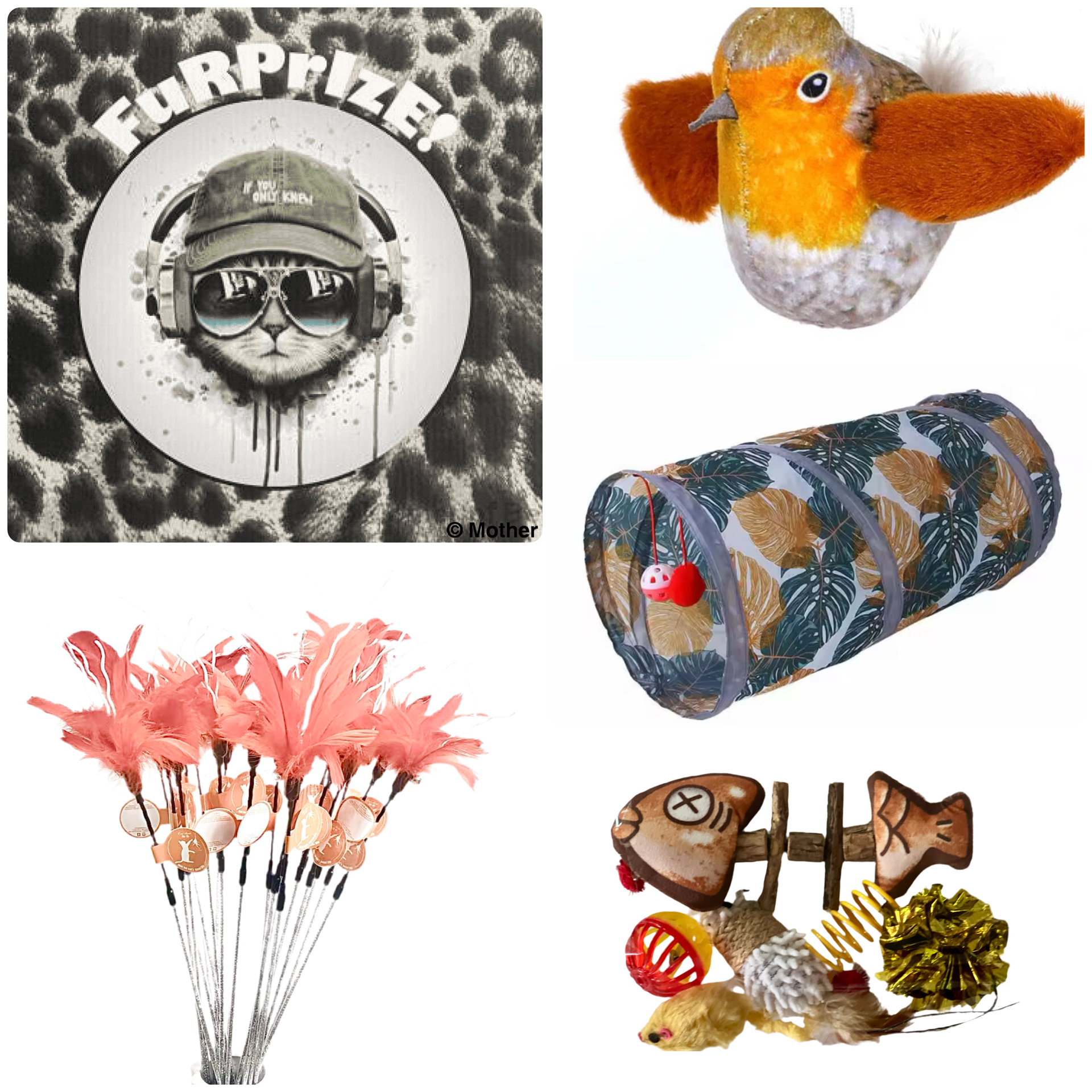 Furprize! Fishbone Catnip Toy Starter Set includes Chirping Bird, Wand, and Tunnel