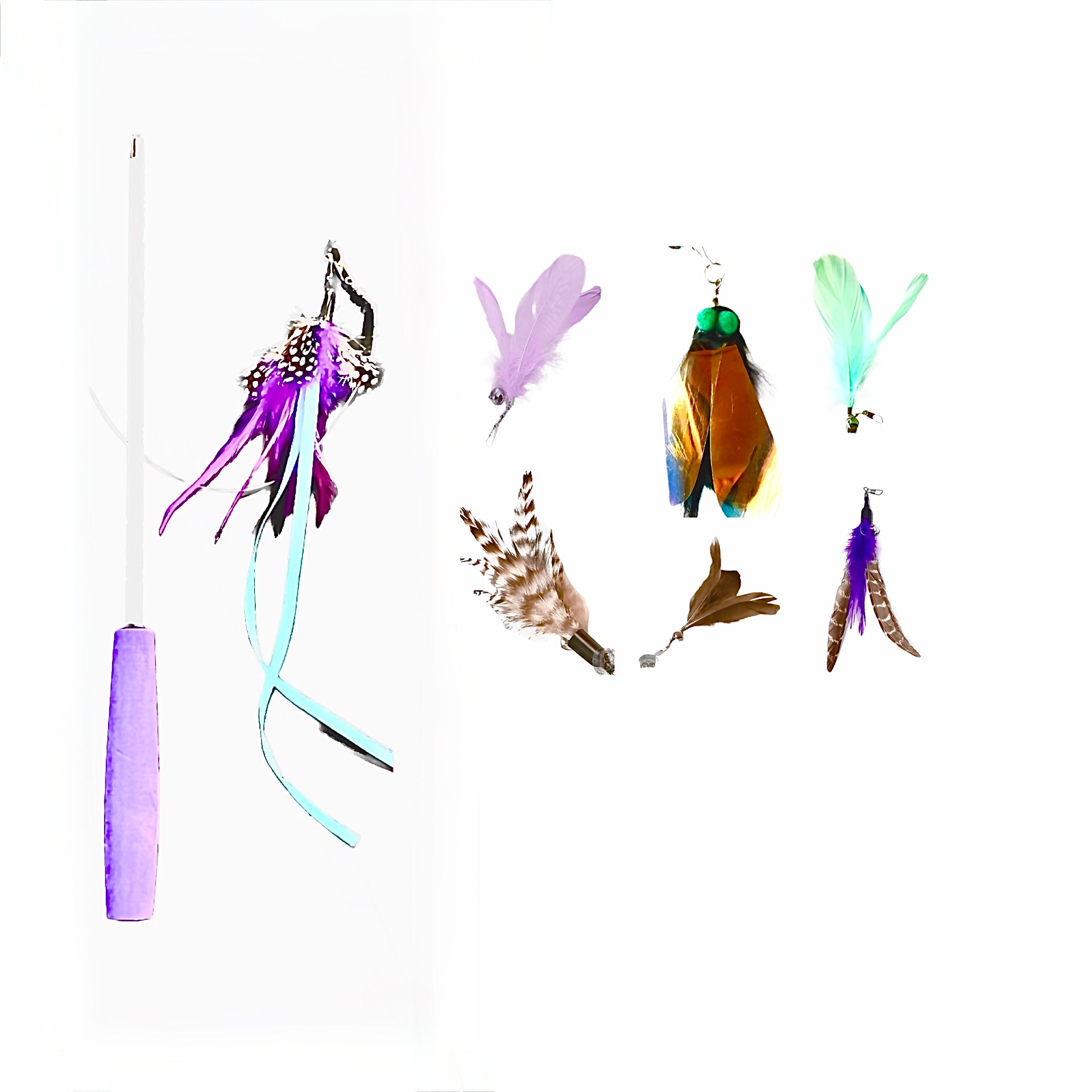 Furprize! Flies and Feathers, Purple/Aqua , 7-8 piece Feather Wand Teaser Refill Set