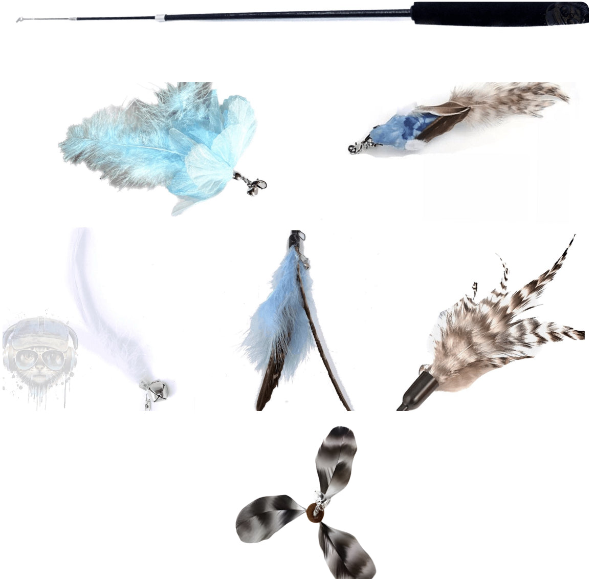 Furprize! Exotic Blue Bird, 7 piece Feather & Easy Open Clasp Cat Wand Teaser Set