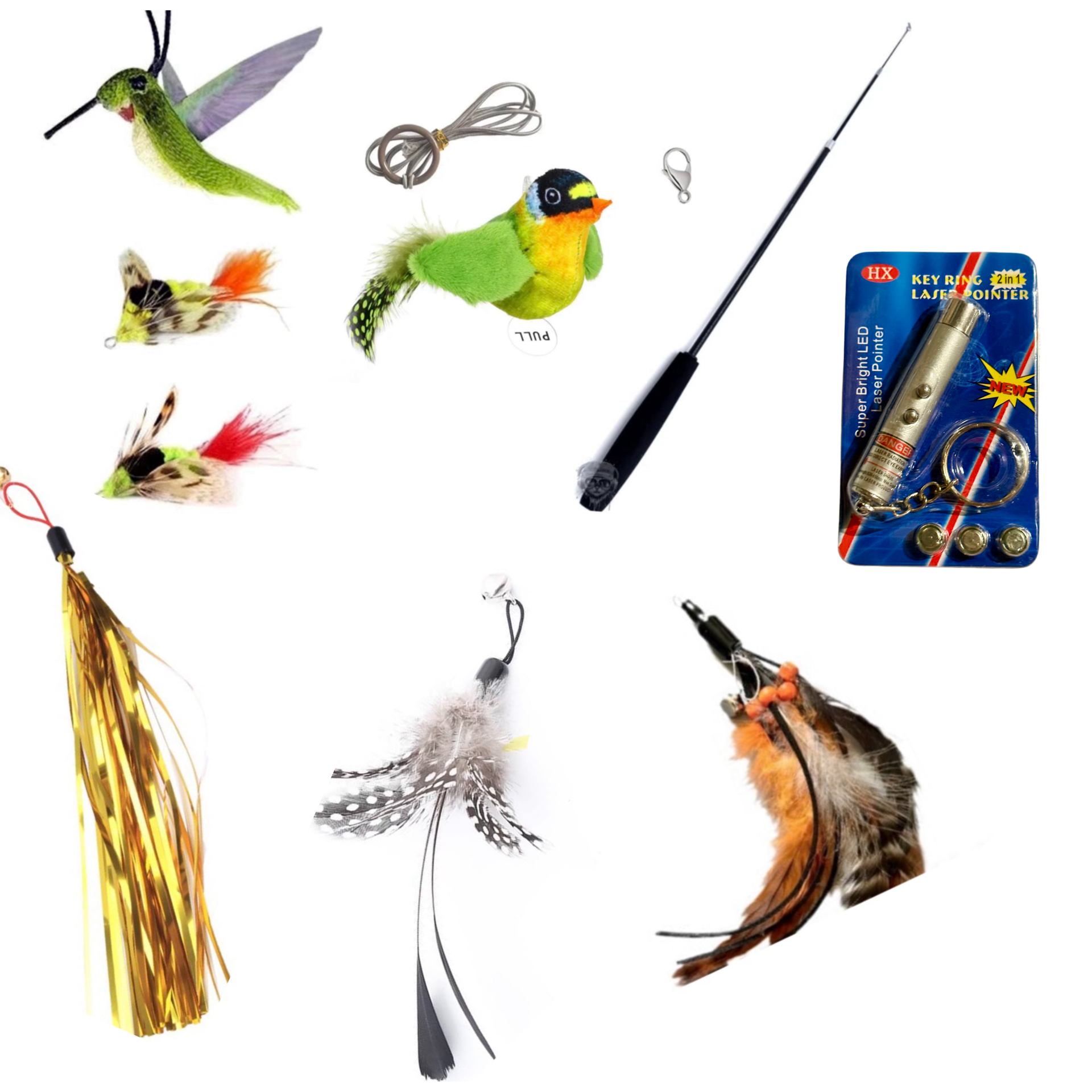 Furprize! Natures Variety , 9 piece Cat Bird Orange Feather & Easy Open Clasp Wand Teaser Set