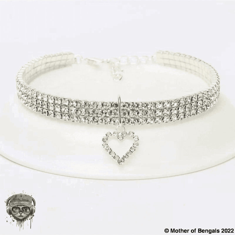 Adjustable Large Rhinestone Bling Bling Pet Collar collars Mother of Bengals Clear- elastic square with a heart 