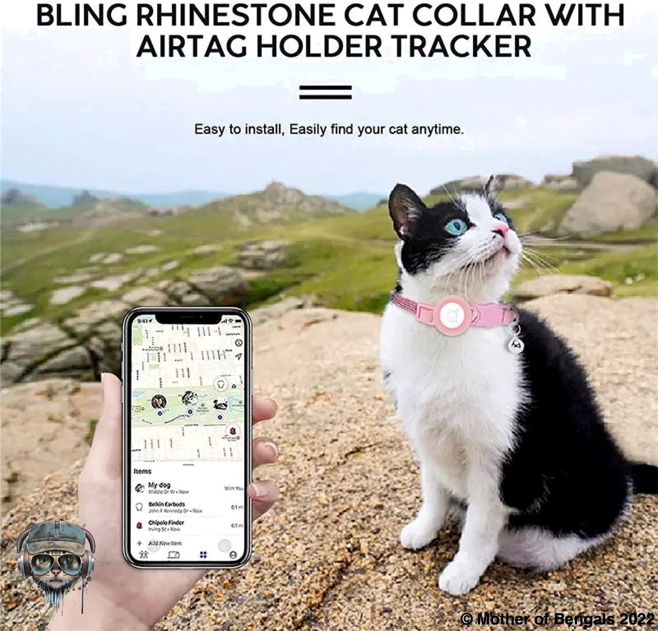 Bling Bling Rhinestone AirTag Breakaway Cat Collar by Mother Of Bengals Mother of Bengals 