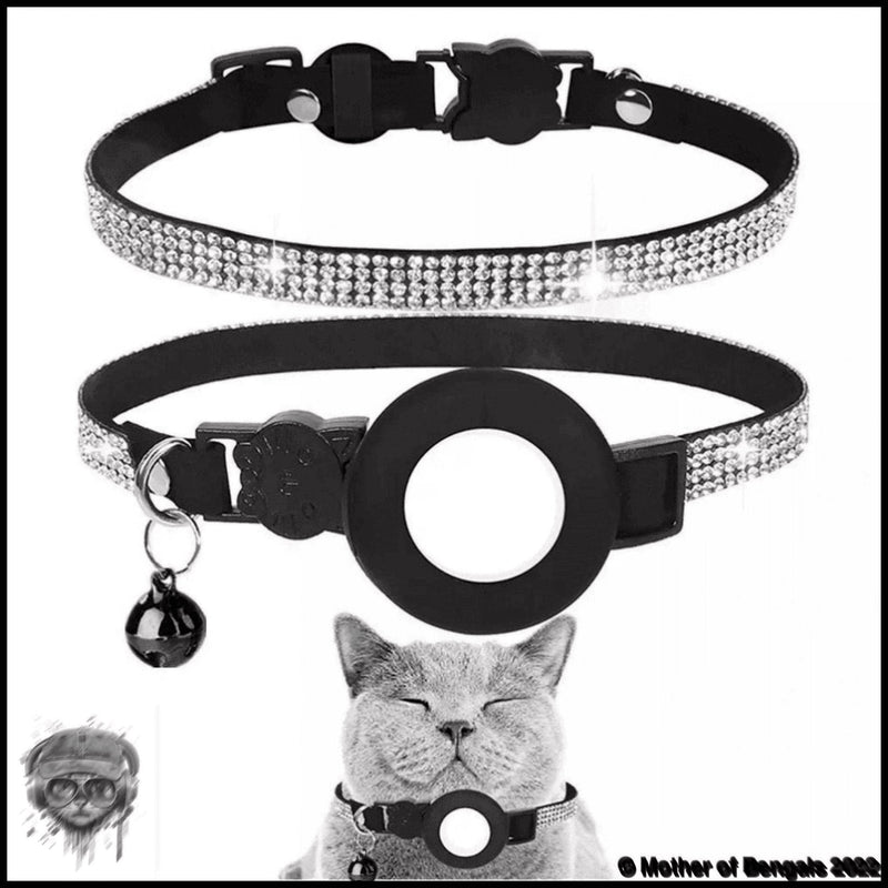 Bling Bling Rhinestone AirTag Breakaway Cat Collar by Mother Of Bengals Mother of Bengals Clear/ White Bling 