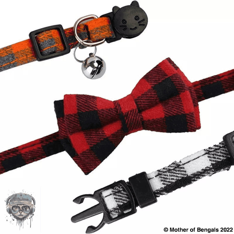 Plaid Bow Tie AirTag Breakaway Cat Collar by Mother of Bengals Mother of Bengals 