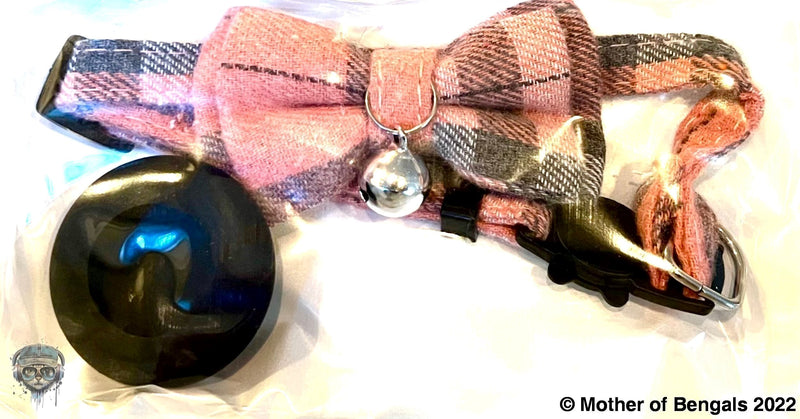 Plaid Bow Tie AirTag Breakaway Cat Collar by Mother of Bengals Mother of Bengals Pink/Black Plaid 