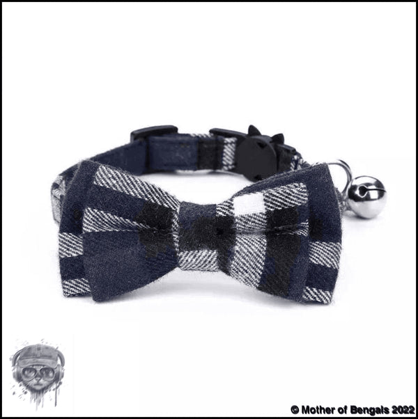 Plaid Bowtie Cat Collar by Mother Of Bengals Mother of Bengals Blue Plaid 